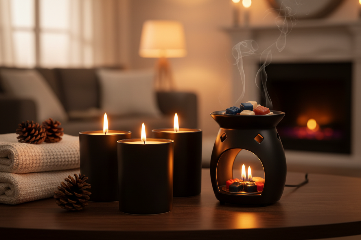 candles in a blacck vessel and wax melts burning in a wax burner